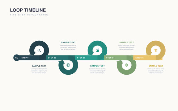 Loop curl timeline infographic with five steps on a band and alternating arrow loops holding icons
