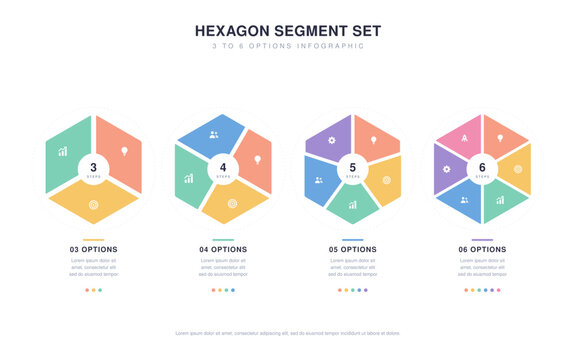 Hexagon segment infographic set with 3, 4, 5 and 6 options, exploded pastel hexagon diagrams for business presentation