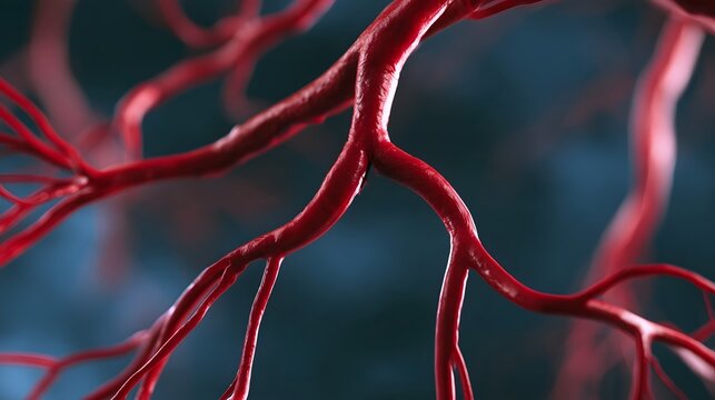 Close up view of branching red blood vessels with texture and anatomical detail against a dark blue background