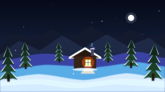 Pixel art cabin in snowy winter forest loop animation at night