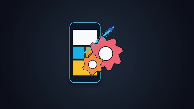 Smartphone device with software gear icons representing mobile application development and technical maintenance optimization