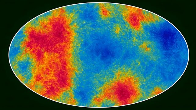 Celestial map showing cosmic microwave background radiation with vibrant red  orange  and blue color gradients across a curved field