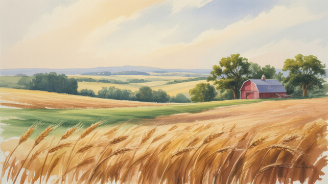 Watercolor painting of a red barn in golden wheat fields and rolling hills
