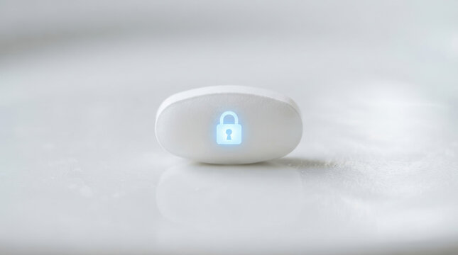 Wireless device security lock icon glowing blue on white surface supports biotech patent disputes and digital privacy concerns