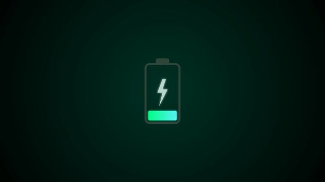 A digital battery icon with a lightning bolt symbol glows against a dark green background.