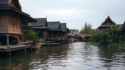 Fototapeta premium Traditional wooden stilt houses line a calm waterway with lush greenery and boats docked along the edge