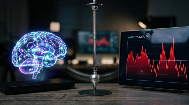 Generative AI shapes investments where market risk meets potential reward through glowing brain and volatile financial chart in dark studio
