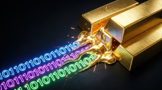 Cybersecurity data protection concept with glowing binary code emerging from polished gold bar, symbolizing secure digital wealth