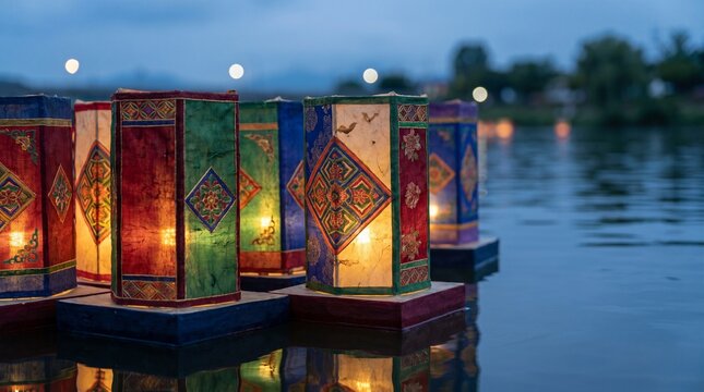 Traditional Colorful Lanterns Floating on Water at Dusk