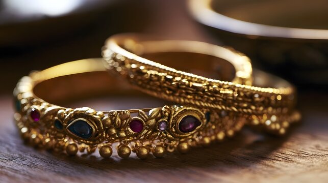 Two ornate gold bangles with gemstones rest on a wooden surface  one featuring intricate floral patterns and dangling beads