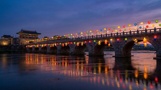 Korean Lantern Festival Lights on Historic Bridge at Dusk
