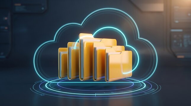Futuristic cloud computing storage concept with glowing floating yellow folders inside digital neon cloud structure within advanced server room setting for professional data management