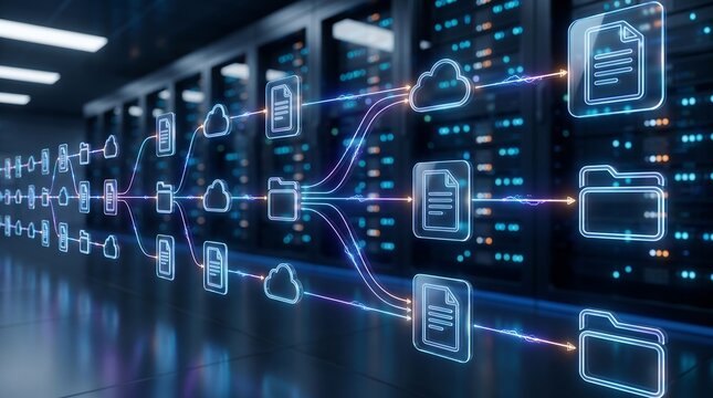 Complex network data routing visualization with glowing document and cloud icons connected by neon paths in futuristic server room representing advanced enterprise information systems