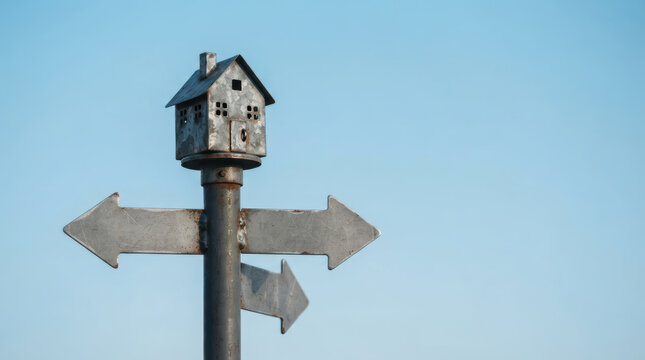 Affordable housing challenge reflected by weathered birdhouse signpost beneath clear blue sky with rustic charm and quiet uncertainty