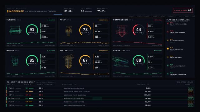 Explore an advanced industrial equipment health dashboard showcasing asset digital twins, maintenance priorities, and real-time health metrics in a sleek, dark interface.