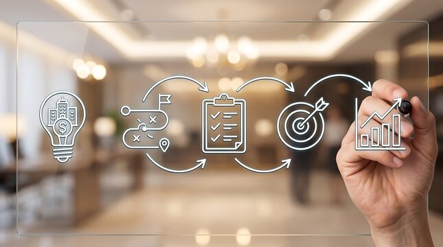 Business professional drawing strategic workflow process diagram on transparent glass board showing lightbulb icon path checklist target and growth chart for corporate planning and development
