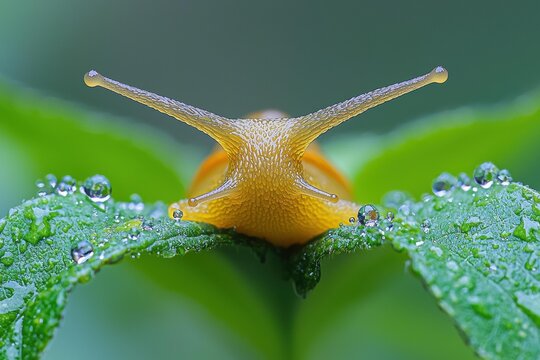 A yellow snail with prominent eye stalks rests on a dew-covered green leaf, its body textured and yellow. AI.