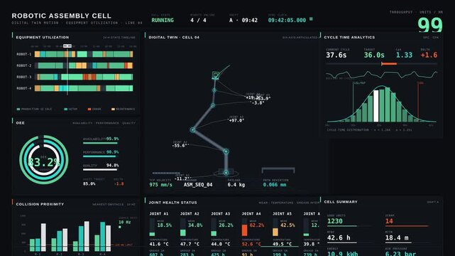 A sleek robotic assembly cell dashboard visualizes a digital twin in motion with equipment utilization metrics, displaying real-time analytics and performance indicators.