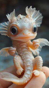 A small, pale, fantastical creature with large eyes and fins is held in a person's hand. AI.