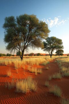 Red sand dunes with dry grass and trees under a clear blue sky with wispy clouds. AI.