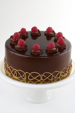 A rich chocolate cake decorated with chocolate swirls and fresh raspberries sits on a white cake stand. AI.