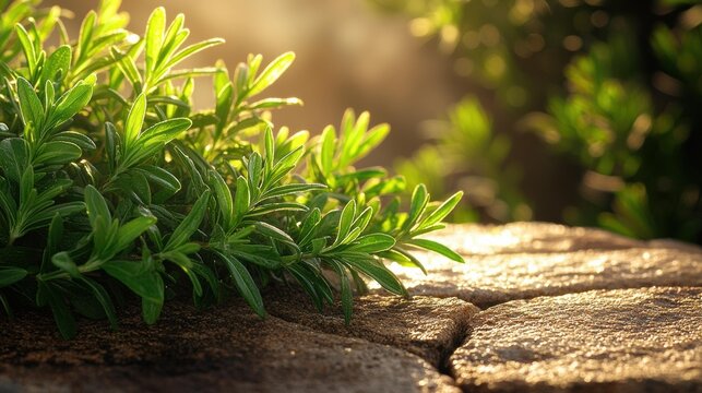 Green leafy branches rest on weathered stone tiles bathed in warm sunlight, with a soft focus background of foliage. AI.