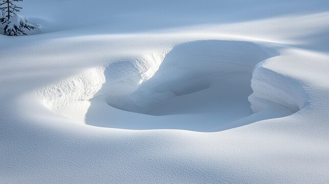 A deep depression carved into a snow-covered landscape with soft shadows highlighting the textured drifts. AI.
