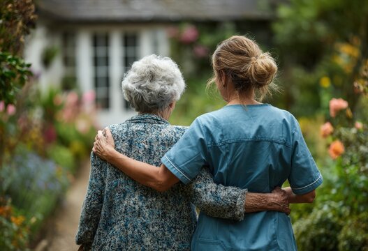 Caregiver supporting elderly woman with arm around her shoulders while walking through a flowering garden beside a traditional house exterior