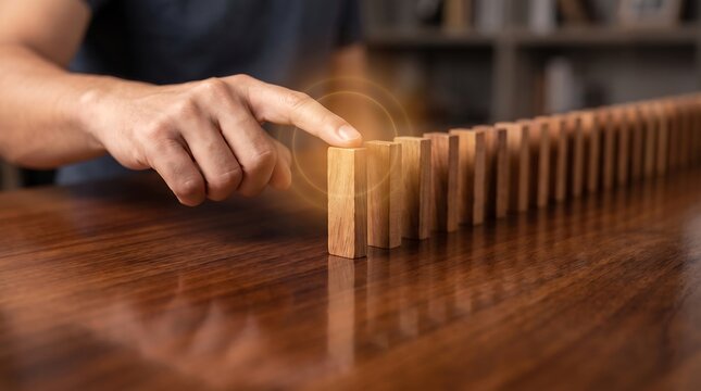 Business executive hand pushing wooden domino block to start chain reaction on polished dark wood table representing strategic planning and risk management for corporate growth success