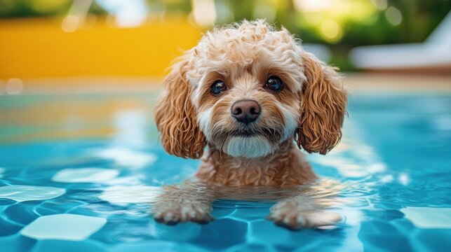 A wet, fluffy dog with brown wavy fur swims in a blue pool with sunlight reflecting on the water. AI.