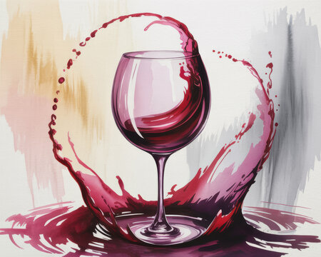 Watercolor painting of a drinking glass with swirling red drinks splash