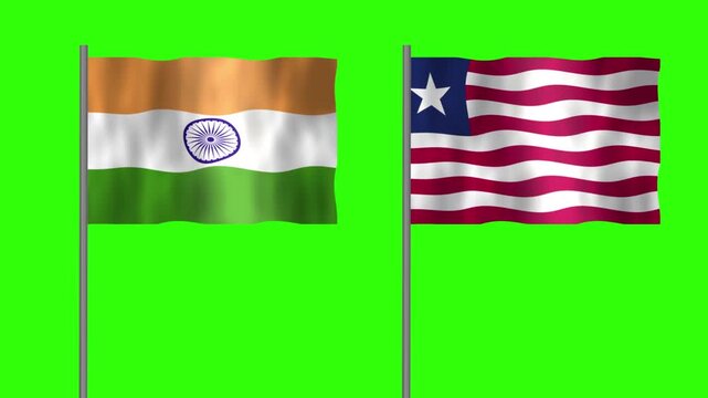 Flag of Liberia and India, Pole flag of Liberia and India on Green screen chroma key, Liberia and India flag waving.

