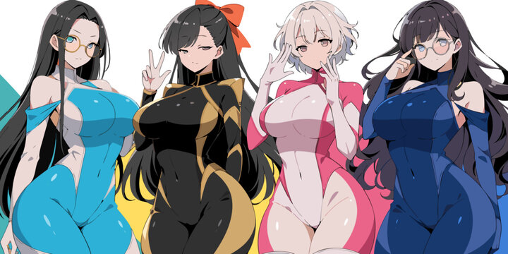 Anime Style Illustration Of Four Attractive Asian Women In Stylish Bodysuits For Fashion Design Projects