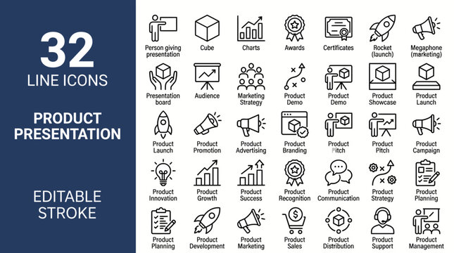 Minimal product presentation line icons set, editable stroke vectors, marketing, analytics, showcase, business growth, branding symbols.