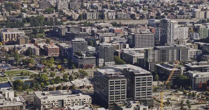 Seattle Washington Aerial v141 zoomed 3x birdseye tracking flyover above Queen Anne, South Lake Union and Uptown toward downtown - Shot with 5k Camera - Oct 6th 2023
