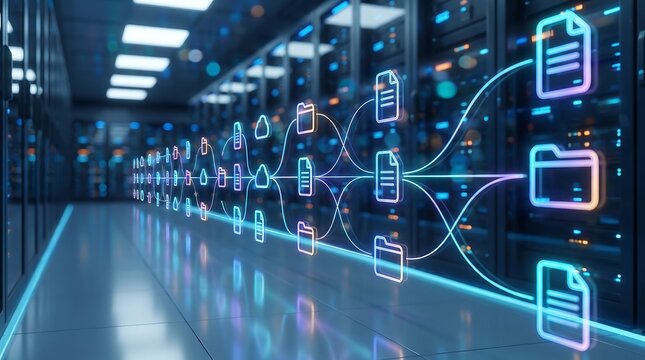 Data migration process visualized with glowing document icons moving between server racks in a modern professional data center environment 3D conceptual technology illustration