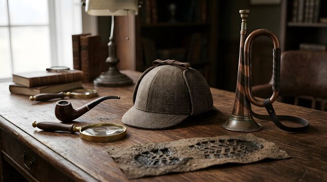 Vintage Detective Equipment and Deerstalker Hat on Old Wooden Desk