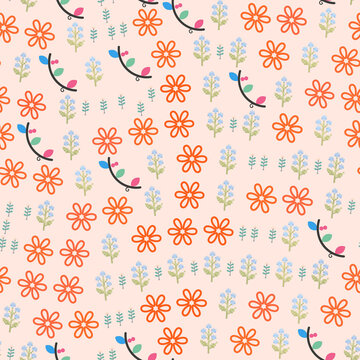 Orange and blue floral seamless pattern