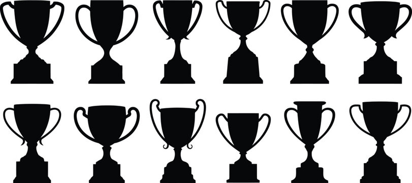 Collection of twelve different trophy cup silhouettes isolated on a white background, featuring various shapes, sizes, and handle styles for awards and victory concepts
