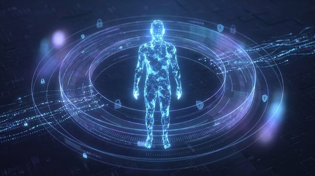 Futuristic digital humanoid hologram glowing in circular data interface for artificial intelligence and cybersecurity technology concept