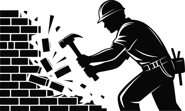 Silhouette of a construction worker using a hammer to demolish a brick wall, wearing a hard hat and tool belt, representing renovation, destruction, and building site activity
