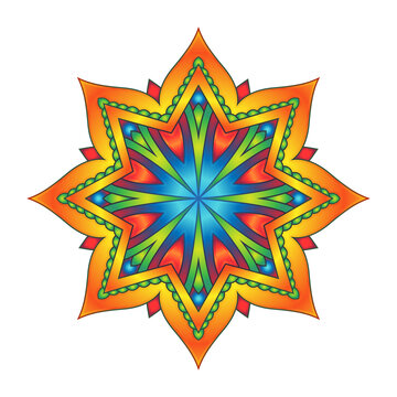 octagonal geometric star mandala ornament with orange red green blue gradients