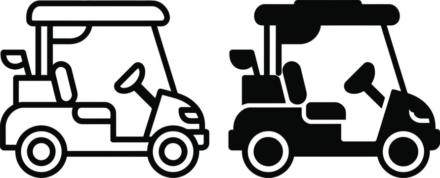 Golf cart icon vector illustration, electric golf cart vehicle with clubs in line art and solid glyph style
