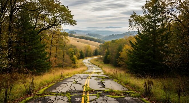 Abandoned winding country road through colorful autumn mountain forest landscape