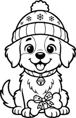 Obraz premium Adorable puppy wearing a winter hat and collar with a gift illustration