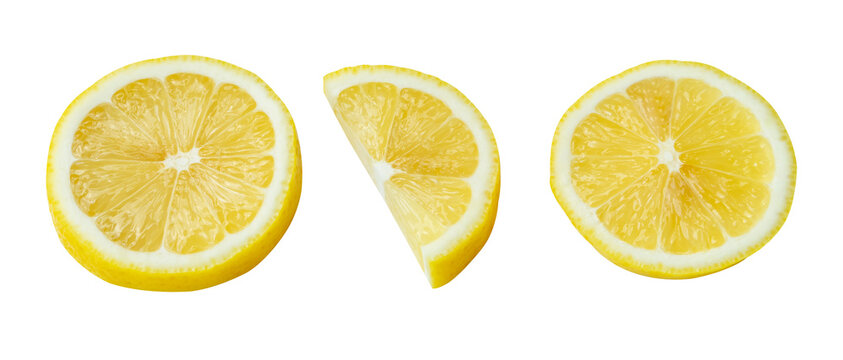 Top view set of yellow lemon slices in circle shape and a semi circle isolated with clipping path in png file format