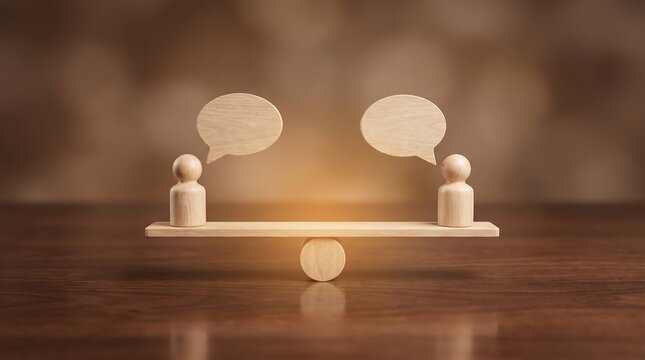Wooden peg dolls with speech bubbles balanced on seesaw representing communication equilibrium and fair dialogue in business or social interaction as a conceptual metaphor for balanced discussion