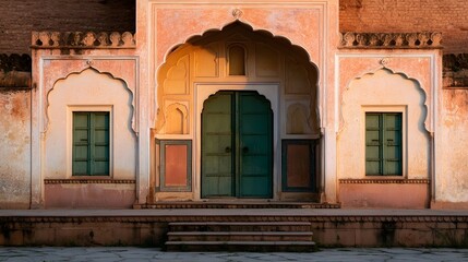 Fototapeta premium A symmetrical facade of an old Indian building with arched doorway and green wooden doors under warm sunlight