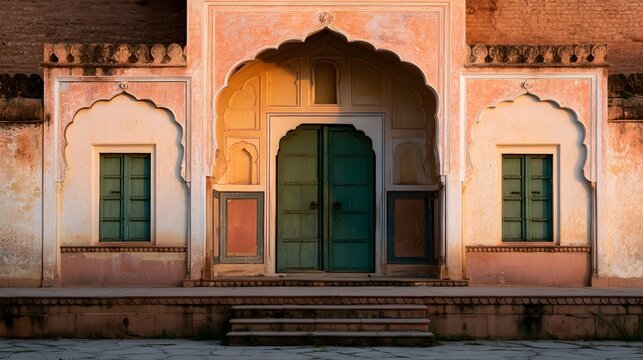 A symmetrical facade of an old Indian building with arched doorway and green wooden doors under warm sunlight