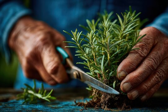 Gardener trimming rosemary herb plant with pruning shears while holding roots and foliage on a work surface in a closeup botanical gardening scene